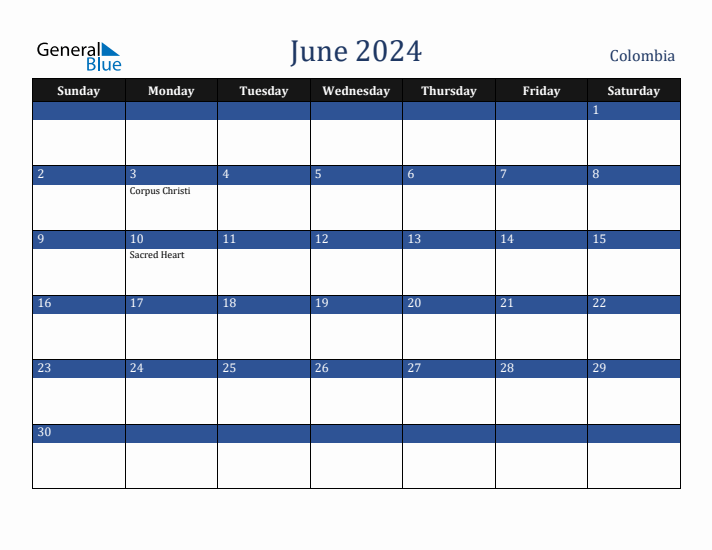 June 2024 Colombia Calendar (Sunday Start)