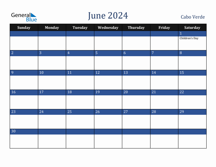 June 2024 Cabo Verde Calendar (Sunday Start)