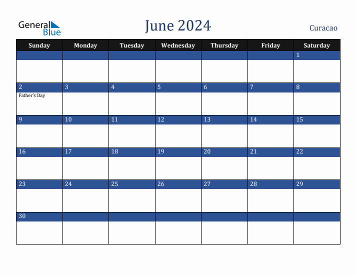 June 2024 Curacao Calendar (Sunday Start)