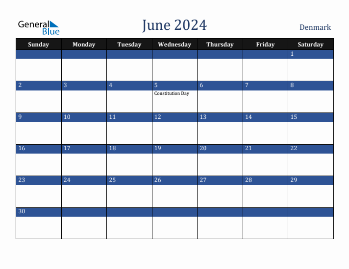 June 2024 Denmark Calendar (Sunday Start)