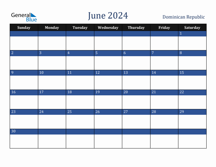 June 2024 Dominican Republic Calendar (Sunday Start)
