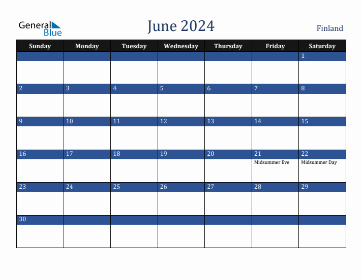 June 2024 Finland Calendar (Sunday Start)