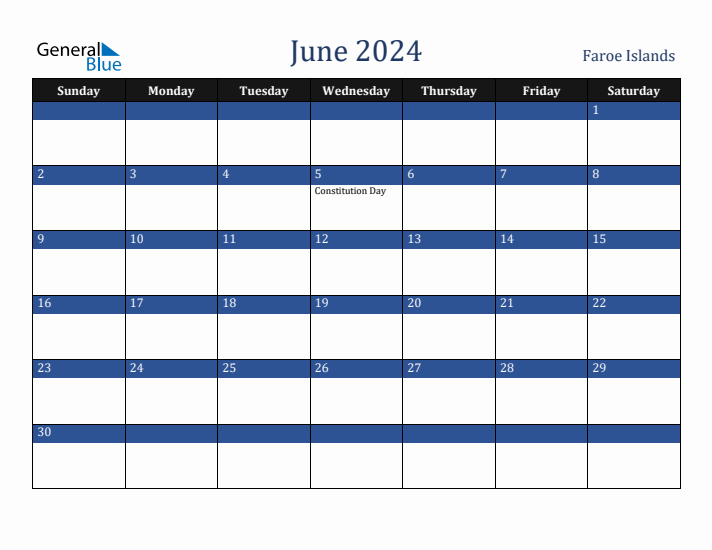June 2024 Faroe Islands Calendar (Sunday Start)