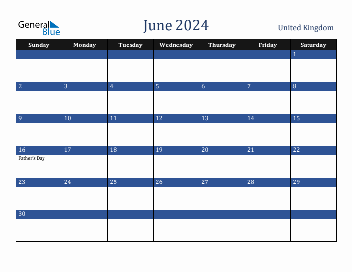 June 2024 United Kingdom Calendar (Sunday Start)