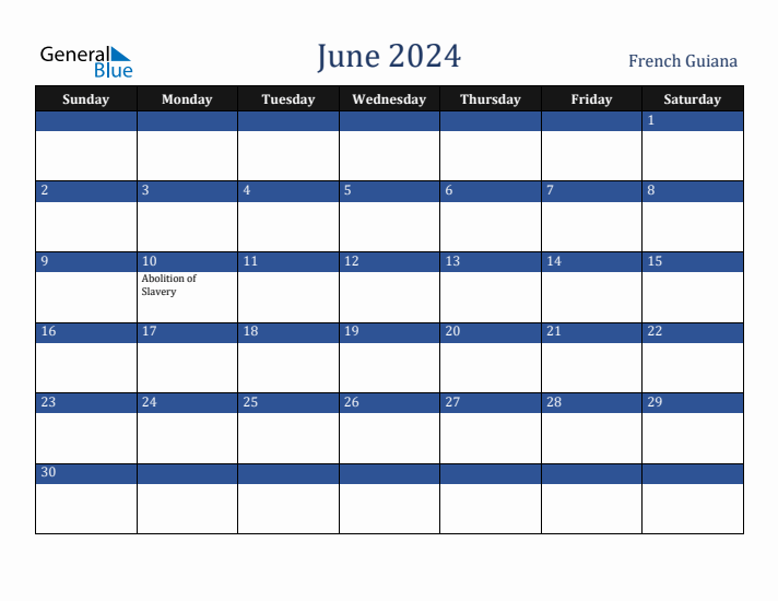 June 2024 French Guiana Calendar (Sunday Start)