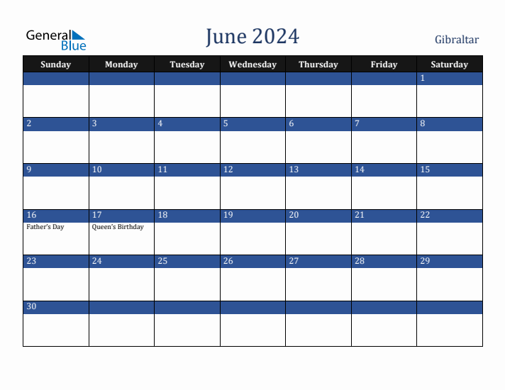 June 2024 Gibraltar Calendar (Sunday Start)
