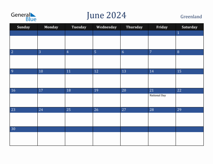 June 2024 Greenland Calendar (Sunday Start)