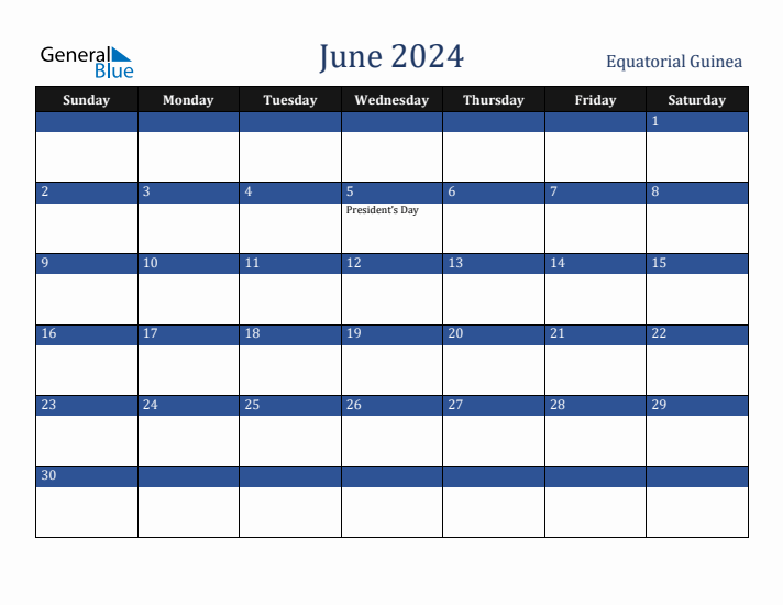 June 2024 Equatorial Guinea Calendar (Sunday Start)