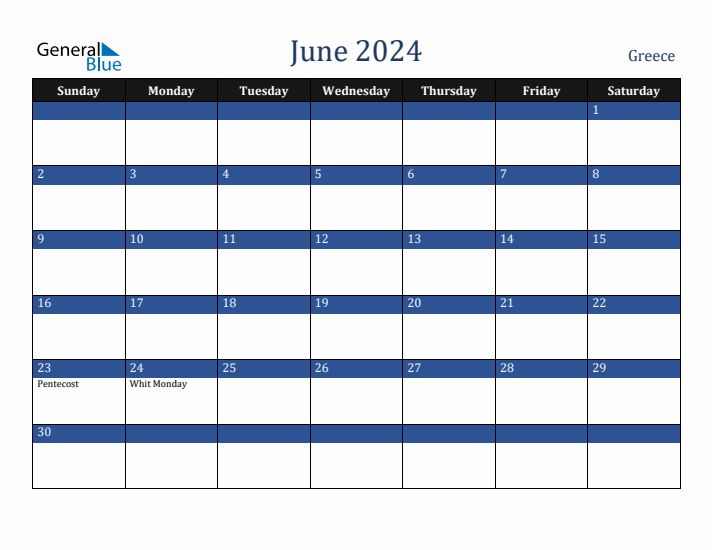 June 2024 Greece Calendar (Sunday Start)