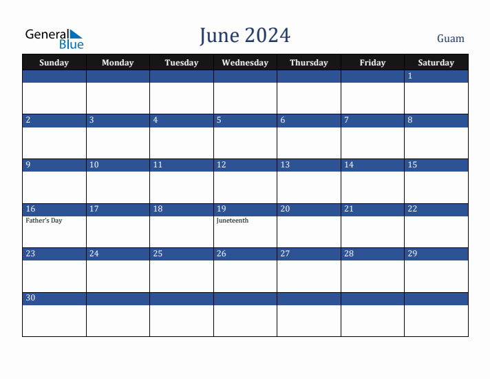 June 2024 Guam Calendar (Sunday Start)