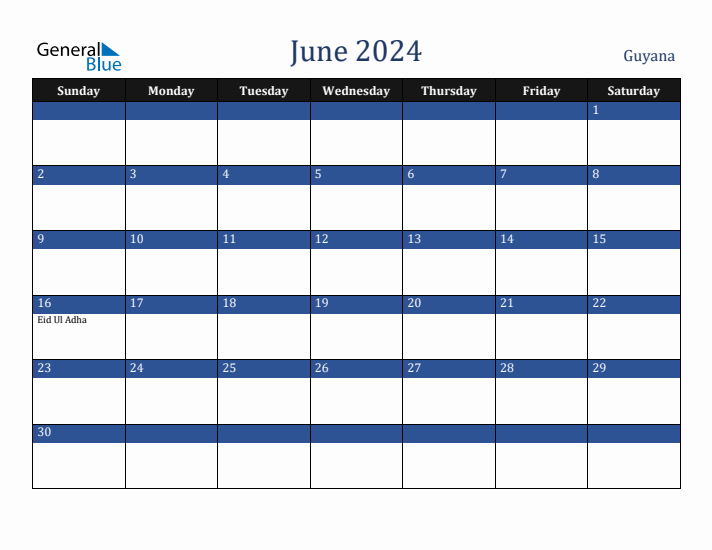 June 2024 Guyana Calendar (Sunday Start)