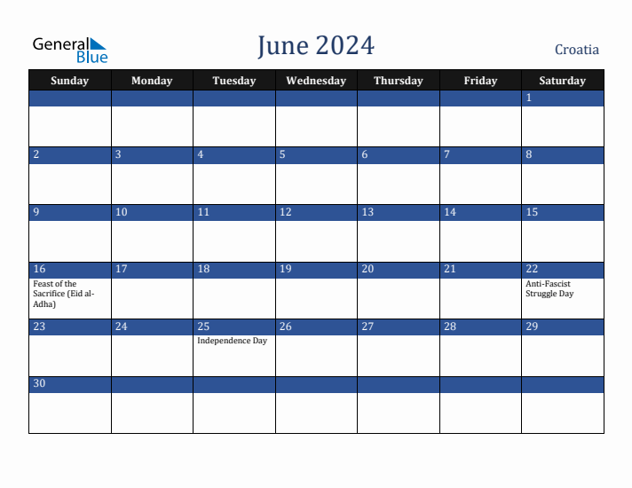 June 2024 Croatia Calendar (Sunday Start)
