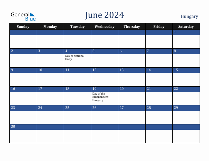 June 2024 Hungary Calendar (Sunday Start)