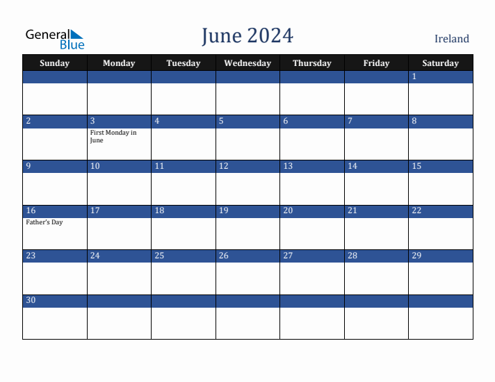 June 2024 Ireland Calendar (Sunday Start)