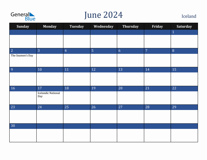 June 2024 Iceland Calendar (Sunday Start)