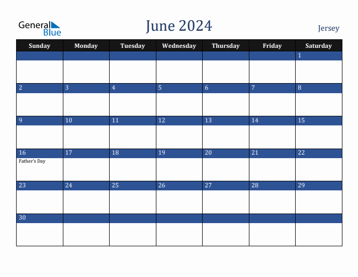 June 2024 Jersey Calendar (Sunday Start)