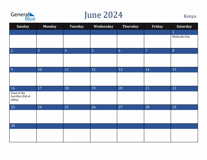 June 2024 Kenya Calendar (Sunday Start)