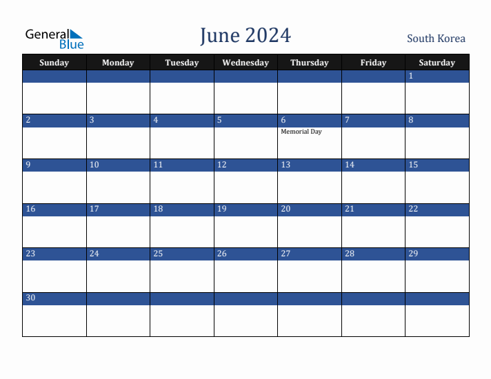 June 2024 Monthly Calendar with South Korea Holidays
