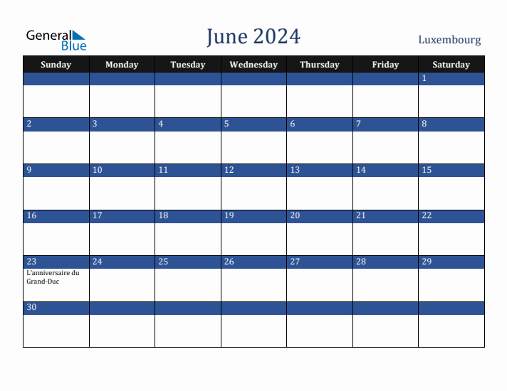 June 2024 Luxembourg Calendar (Sunday Start)