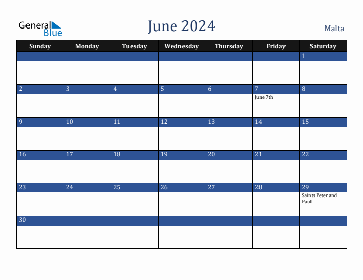 June 2024 Malta Calendar (Sunday Start)