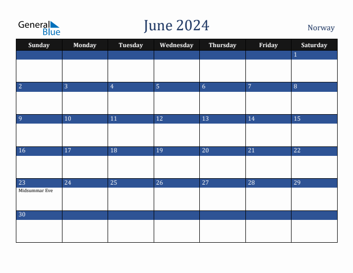 June 2024 Norway Calendar (Sunday Start)