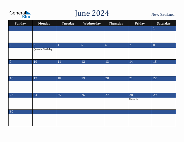 June 2024 New Zealand Calendar (Sunday Start)