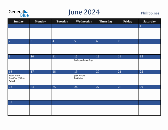 June 2024 Philippines Calendar (Sunday Start)