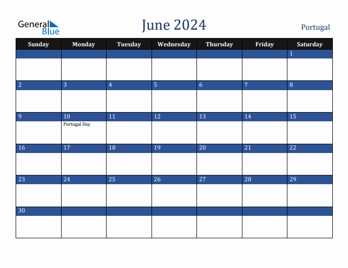 June 2024 Portugal Calendar (Sunday Start)