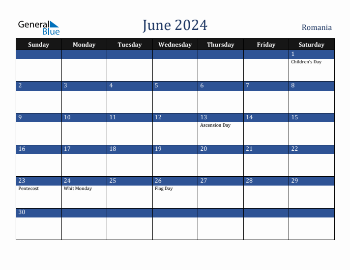 June 2024 Romania Calendar (Sunday Start)