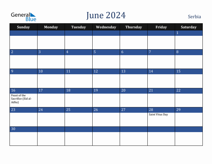 June 2024 Serbia Calendar (Sunday Start)