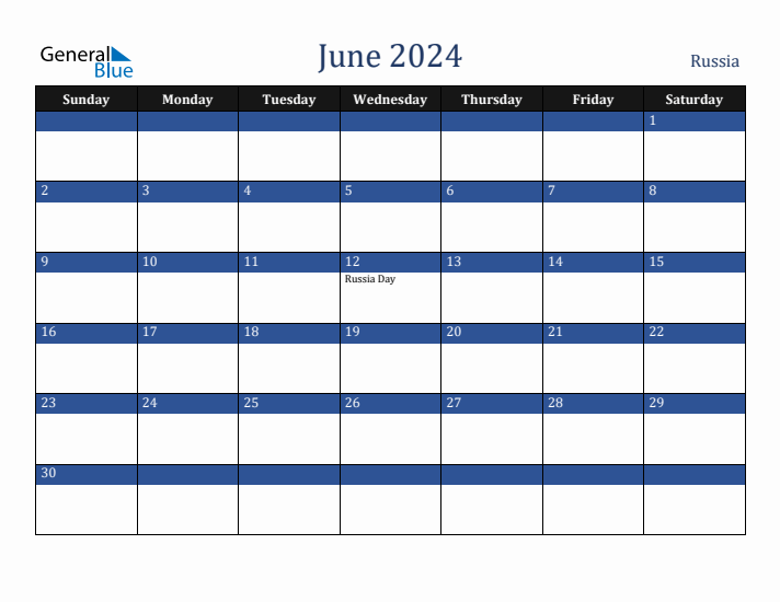 June 2024 Russia Calendar (Sunday Start)