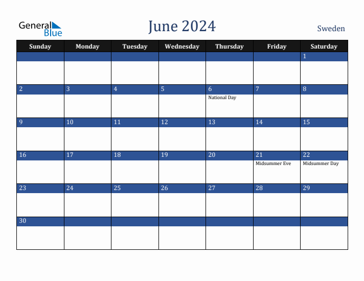 June 2024 Sweden Calendar (Sunday Start)