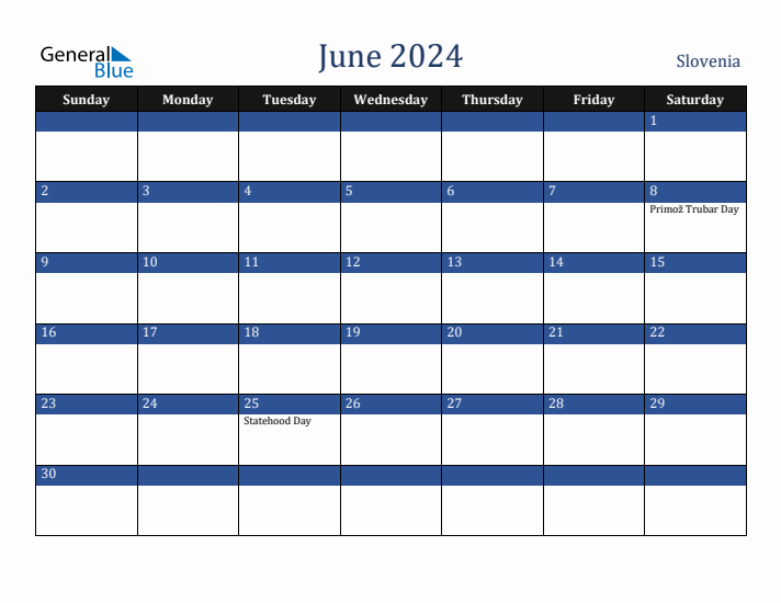 June 2024 Slovenia Calendar (Sunday Start)