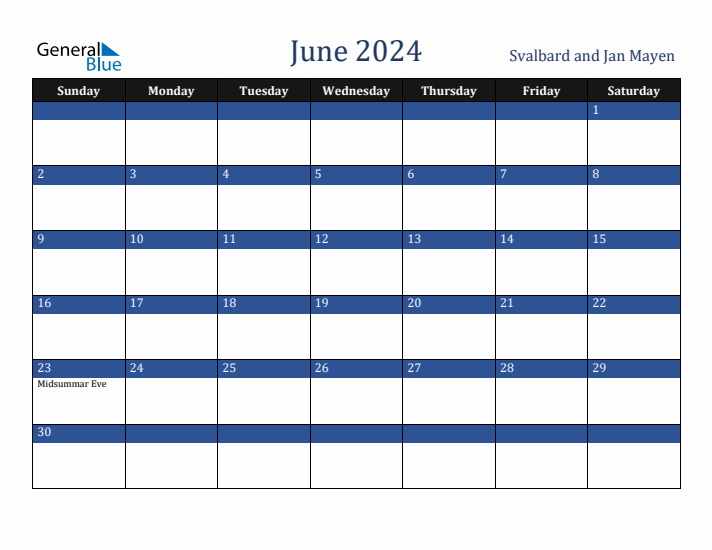 June 2024 Svalbard and Jan Mayen Calendar (Sunday Start)