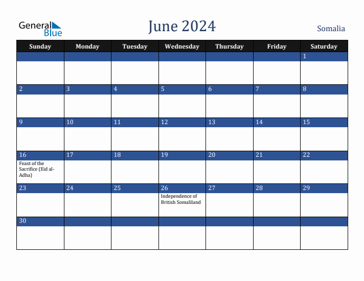 June 2024 Somalia Calendar (Sunday Start)