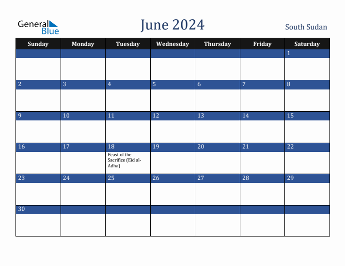 June 2024 South Sudan Calendar (Sunday Start)
