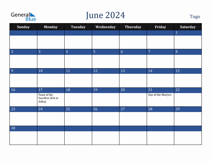 June 2024 Togo Calendar (Sunday Start)