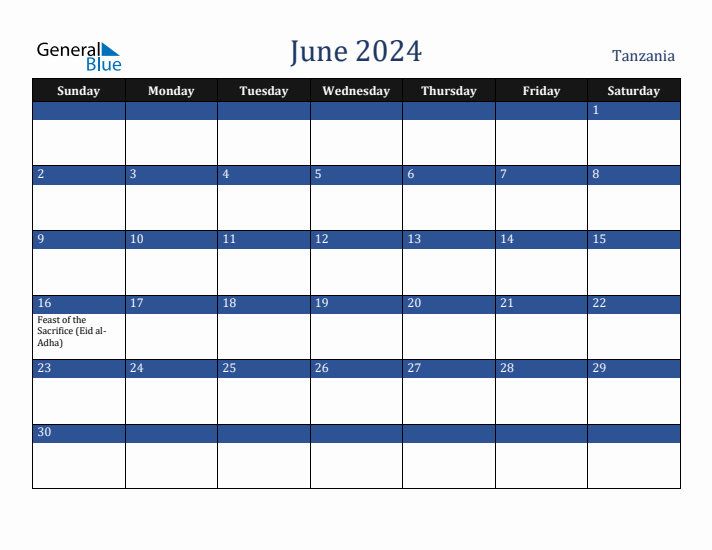 June 2024 Tanzania Calendar (Sunday Start)
