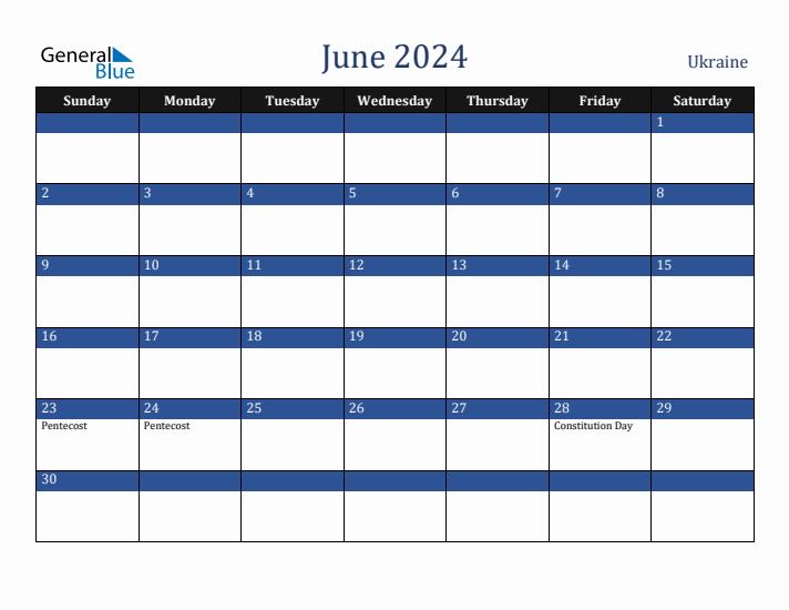 June 2024 Ukraine Calendar (Sunday Start)