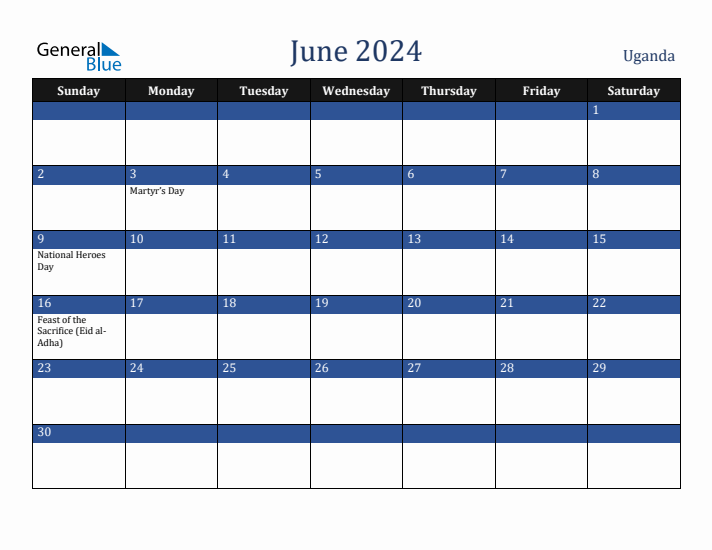 June 2024 Uganda Calendar (Sunday Start)