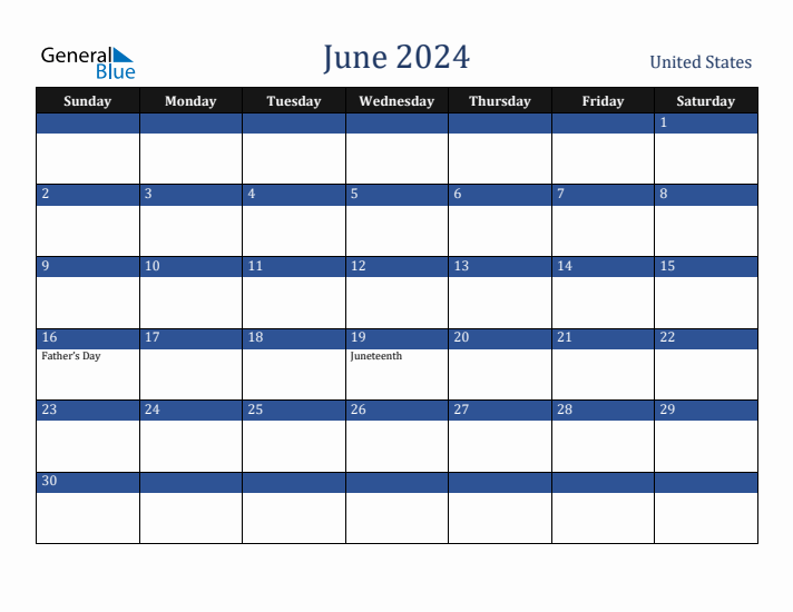 June 2024 United States Calendar (Sunday Start)