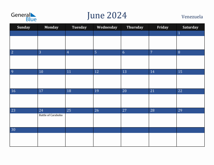 June 2024 Venezuela Calendar (Sunday Start)