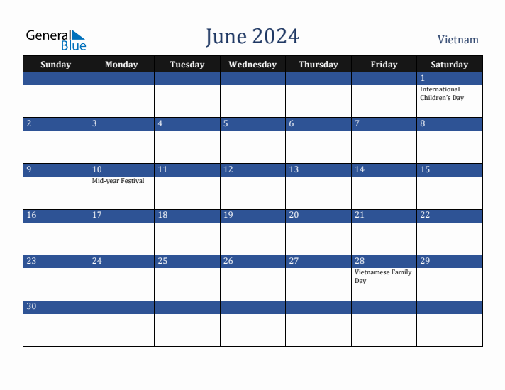 June 2024 Vietnam Calendar (Sunday Start)