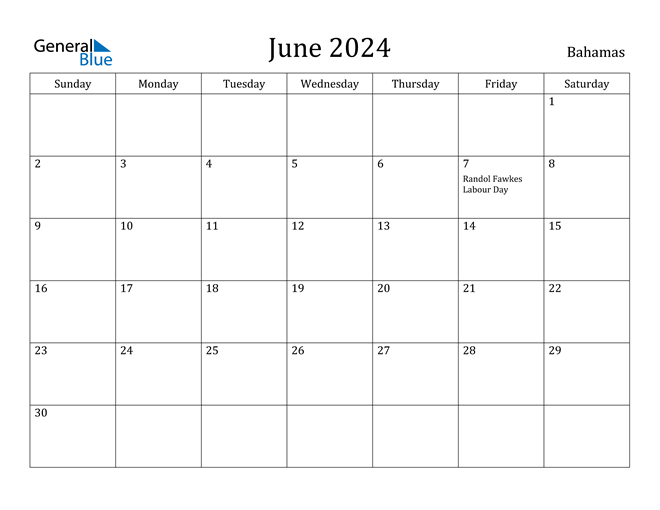 Bahamas June 2024 Calendar with Holidays