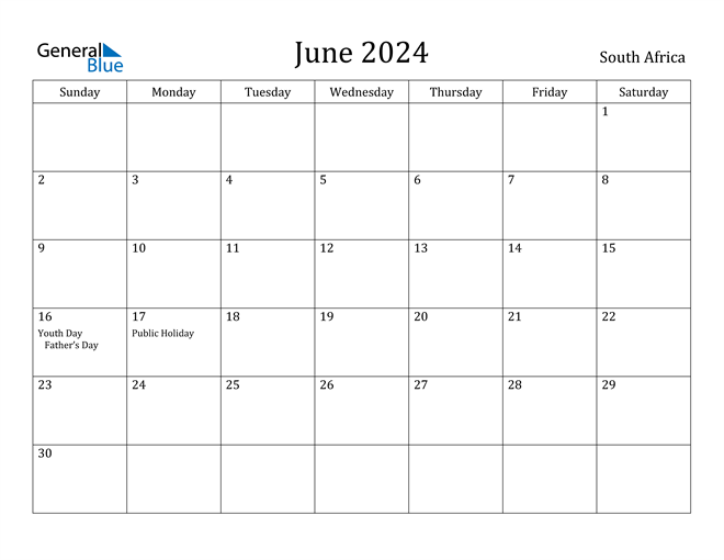 June 2024 Calendar with South Africa Holidays