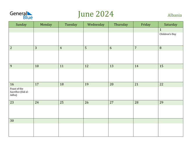 Albania June 2024 Calendar with Holidays