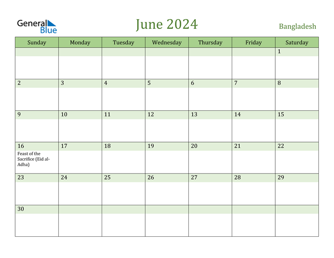 June 2024 Calendar with Bangladesh Holidays