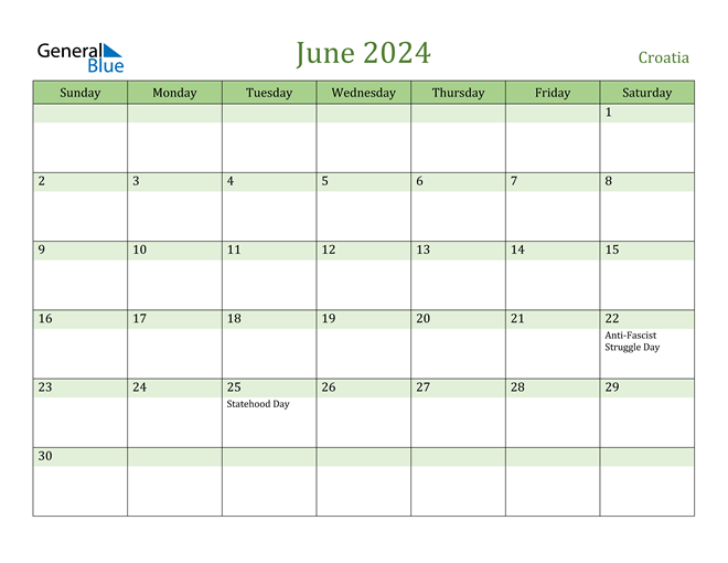 Croatia June 2024 Calendar with Holidays