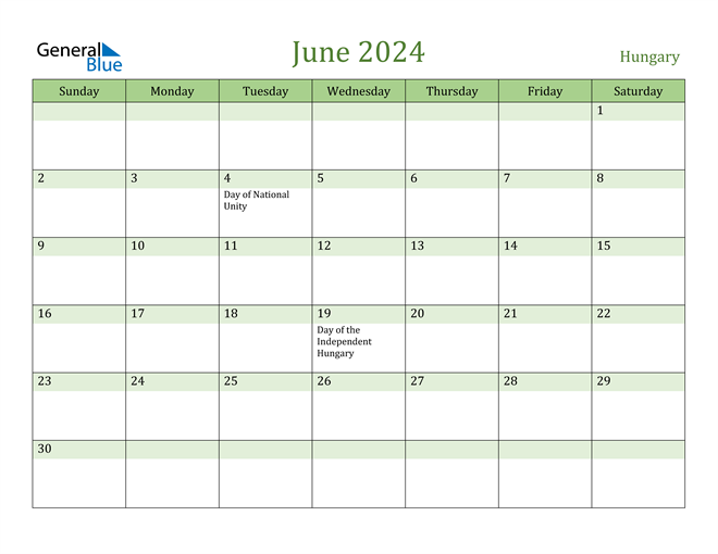 June 2024 Calendar with Hungary Holidays