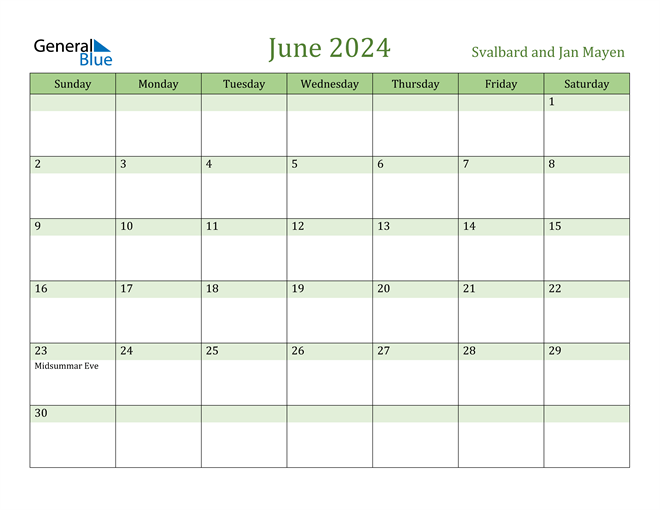 Svalbard and Jan Mayen June 2024 Calendar with Holidays